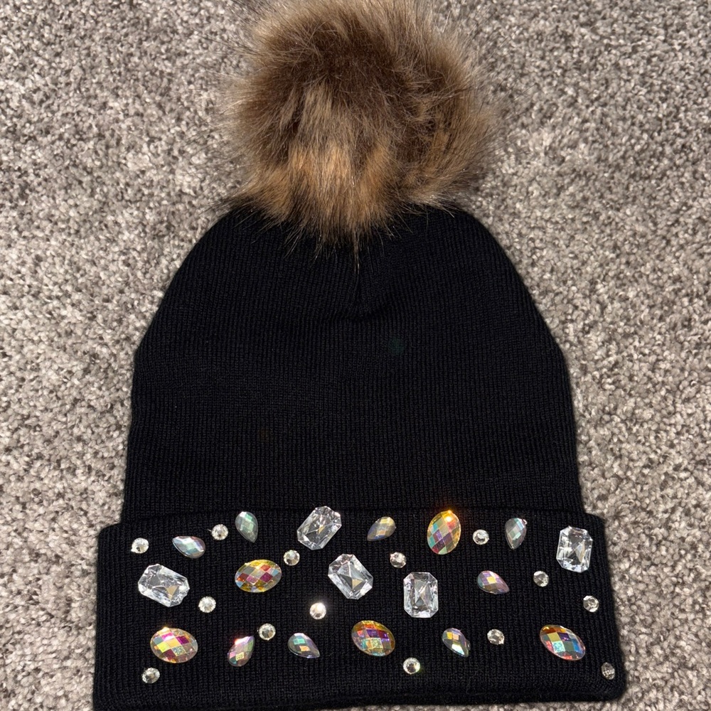 Black Beanie with Faux Fur Pom and Gem Accents